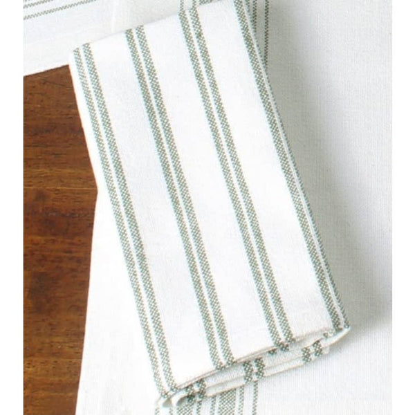 Grain Sack Sage Napkin (set of 6)  Bring farmhouse chic styling to your table with the Grain Sack Stripe Sage Napkin. Pair with coordinating placemat, table runner, and window treatments to complete the look. Measures 18"x18". Made of 100% cotton. Machine wash cold, gentle cycle. Line dry. Do not bleach.