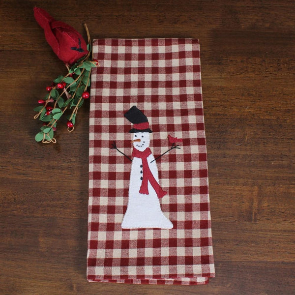 Tall Snowman Towel Set of 2 featuring an appliquéd snowman on a barn red and tan check background, perfect for primitive farmhouse Christmas kitchen décor.