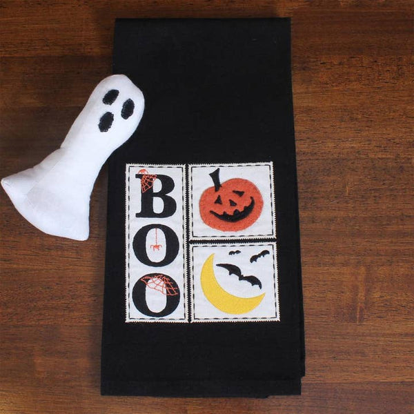 Halloween dish towel with ghost, moon, and pumpkin motifs – primitive country style