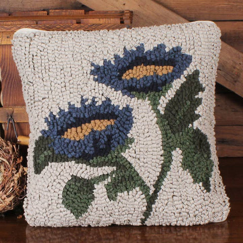 Blue Flowers Wool Hooked Pillow 14" | Primitive Country Decor