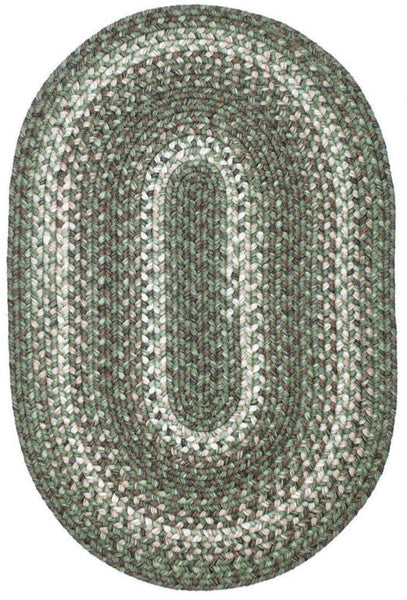 Oval-shaped braided rug with a green and beige pattern on a white background