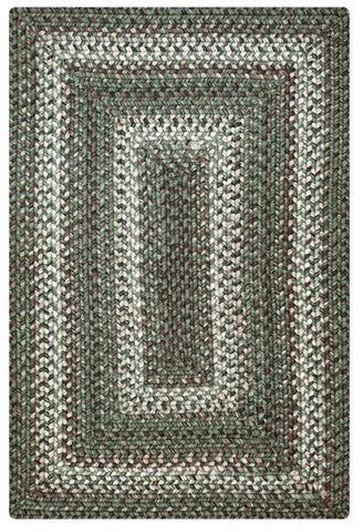 Waterproof indoor/outdoor braided rug in Cedar Ridge pattern, green, tan, and brown tones, washable and reversible.