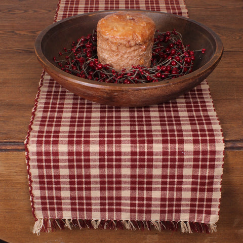 Appleton Barn Red plaid 14x36 cotton table runner in warm red and tan with fringed ends for country farmhouse decor