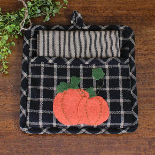 Pumpkin Patchwork Potholder Set, black and orange patchwork design with pumpkins, set of 2