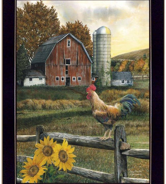 Bring farmhouse country charm to your fall décor with “Early Rooster” wall art. Rustic barn scene, black frame, made in USA, 14x18 print.