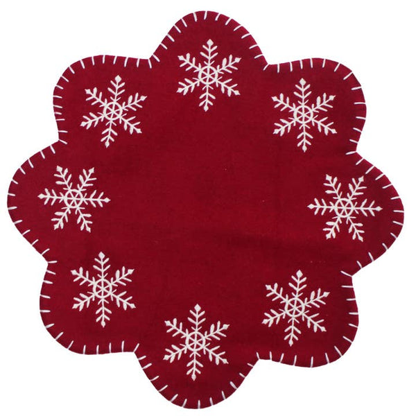 Snowflake Candle Mat in red wool felt featuring embroidered white snowflakes, scalloped edges, and decorative blanket stitch detailing.
