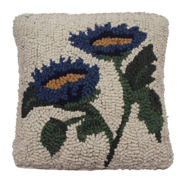 Blue Flowers Wool Hooked Pillow 14" | Primitive Country Decor