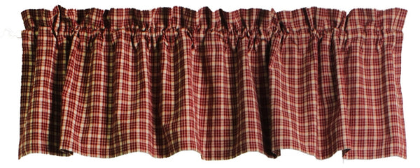 Appleton Barn Red plaid valance in warm red and tan cotton with gathered rod pocket for country farmhouse windows