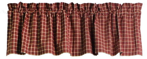 Appleton Barn Red plaid valance in warm red and tan cotton with gathered rod pocket for country farmhouse windows