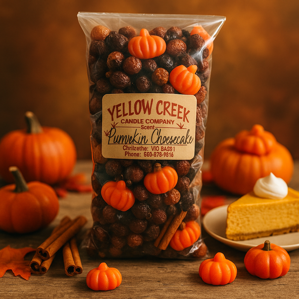 Cozy Pumpkin Cheesecake rosehips with pumpkin-shaped wax melt accents. Half-pound bag of rustic potpourri with cinnamon for farmhouse fall displays.

