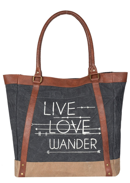 Command the attention of fellow travelistas and sight-see in style with the Live, Love, Wander tote. This rustic tote is perfectly equipped for all your adventures. Made from durable re-milled and up-cycled military tarps & tents used by the army, covering trucks as tarps and providing shelter as tents, this textile is given new life. The Mona B canvas collection is part.