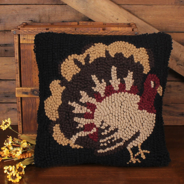 14-inch Turkey Time wool hooked accent pillow featuring a turkey on a black background for primitive country fall and Thanksgiving décor.