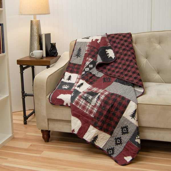Bear Peak Quilt Set – Rustic Lodge Patchwork Bedding in Red, Black & Gray
