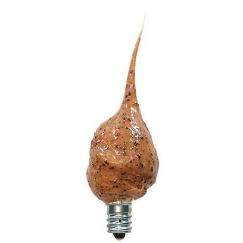 4 watt lightbulb, hand-dipped in translucent golden brown silicone. Heat-safe coating is loaded with hazelnut-scented flecks that release a light fragrance as the bulb warms. Bulbs last longer when left lit. Visit website for free shipping offer. Primitive country farmhouse home decor.