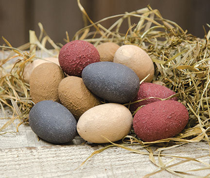 The Bag of Eggs comes in a 12 piece assorted set of wooden eggs painted with primitive shades of burgundy, mustard, cream, or blue. Each measure 1-1/2" tall. See website for free shipping offer. Primitive Country Farmhouse Home Decor.