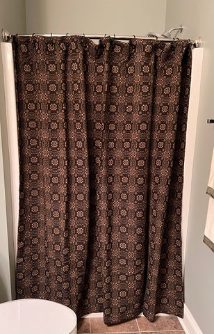 Gettysburg Black/Mustard Shower Curtain Measures 72x72" Colors: black and mustard Made from 100% cotton Hand wash and line dry, or dry clean. Visit website for free shipping offer. Primitive Country Farmhouse Home Decor.