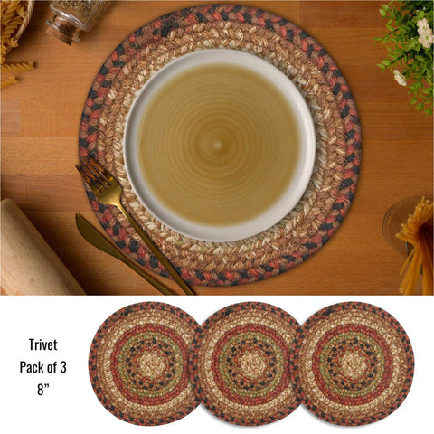 8" Gingerbread Braided Jute Trivet Set of 3 – Primitive Table Décor