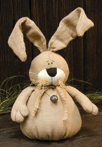 Wilmer Burlap Bunny. Stuffed Burlap Bunny has bendable ears for easy posing. It has raffia and bell accents, and a weighted bottom. Bunny measures 15" tall. See website for free shipping offer. Primitive Country Farmhouse Home Decor.