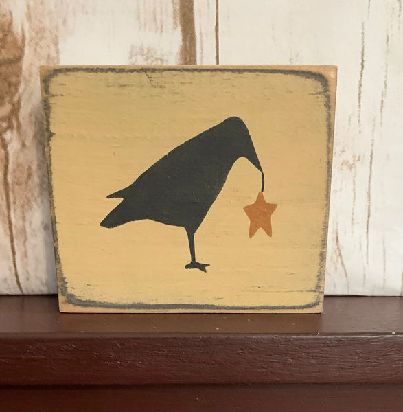 Primitive Country Crow with Star 4” shelf sign