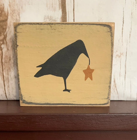Primitive Country Crow with Star 4” shelf sign