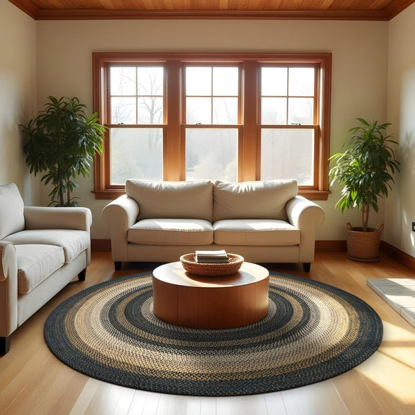 Kilimanjaro black round braided jute rug with gold and cream bands