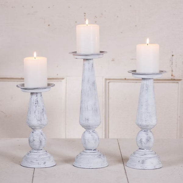 Metal Pedestal Pillar Candle Holder Set in Rustic White Wash