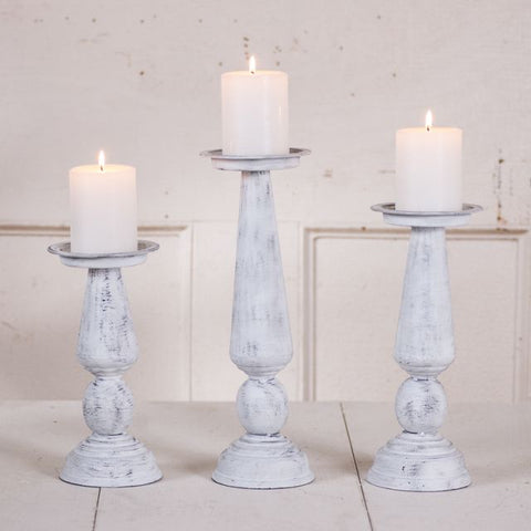 Metal Pedestal Pillar Candle Holder Set in Rustic White Wash
