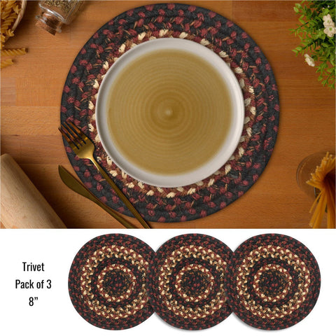 8" Prescott Jute Trivet – Set of 3 Small Round Braided Mats, Country Primitive