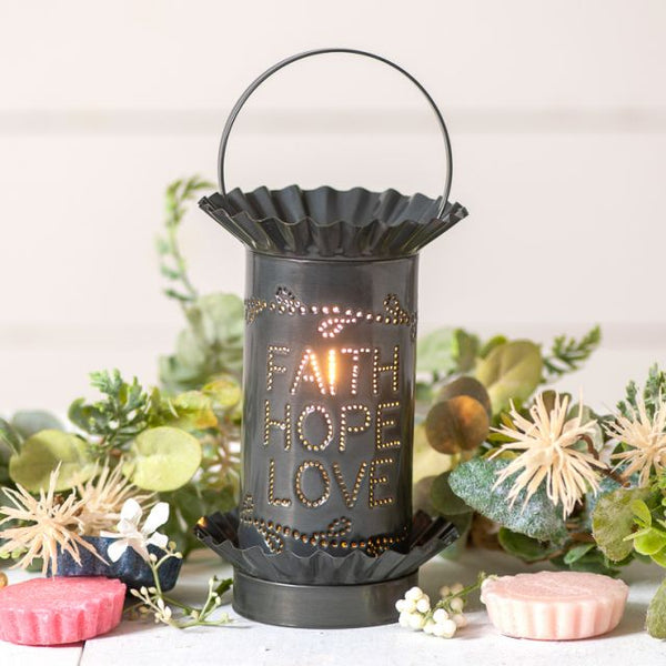 Mini Tartwarmer with Vertical Faith Hope Love in Country Tin  Simply place a wax melt in the lid, turn on the light, and in about an hour, the wax melts and fills the room with fragrance! Perfect for kitchens, bedrooms, powder rooms, and almost any room in your home! It is easy to clean; just place the removable lid in your freezer for an hour, and the used wax pops right out. Wired with one E12/Candelabra socket,