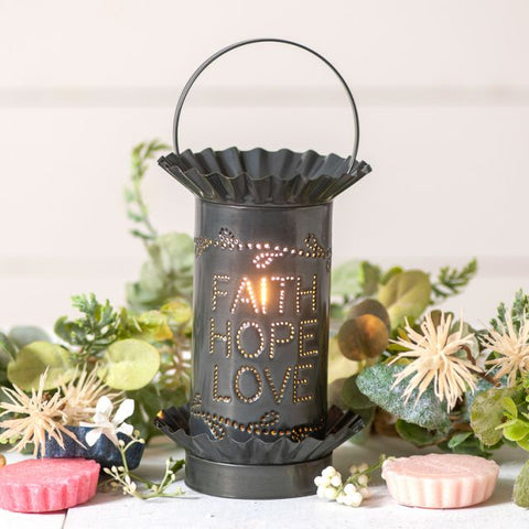 Mini Tartwarmer with Vertical Faith Hope Love in Country Tin  Simply place a wax melt in the lid, turn on the light, and in about an hour, the wax melts and fills the room with fragrance! Perfect for kitchens, bedrooms, powder rooms, and almost any room in your home! It is easy to clean; just place the removable lid in your freezer for an hour, and the used wax pops right out. Wired with one E12/Candelabra socket,