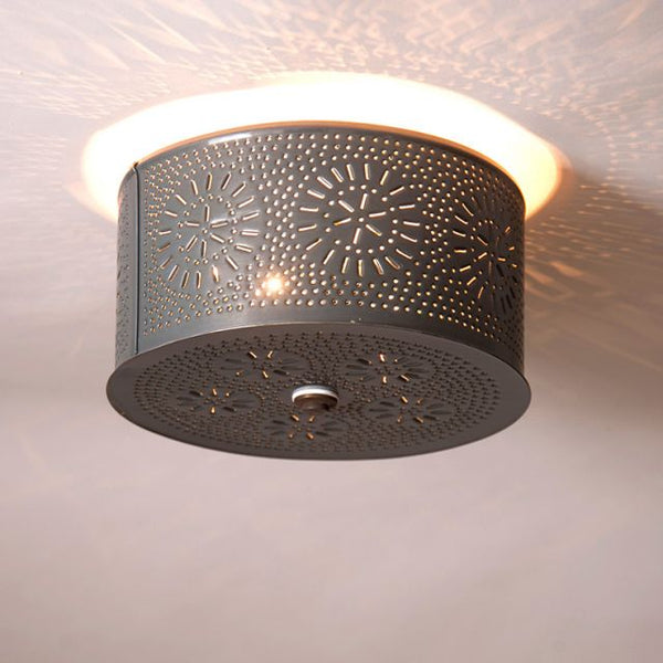 2-Light Flush Mount Round Ceiling Light with Chisel in Country Tin