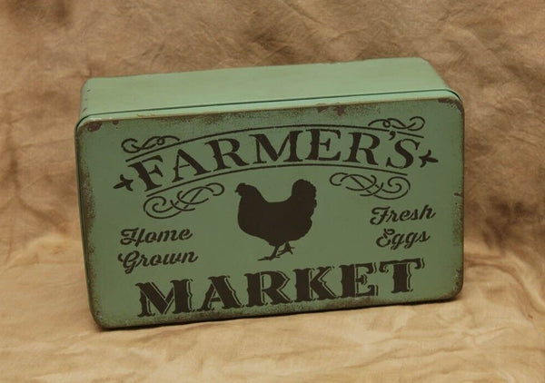 Farmers Market Metal Storage Box - Green. See website for free shipping offer. Primitive Country Farmhouse Home Decor.