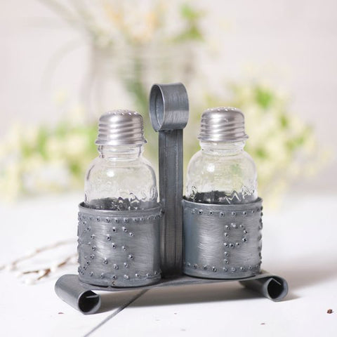 Salt and Pepper Shaker Holder in Antique Tin