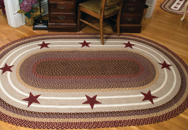OP-357 Burgundy Stars Oval Patch 4'x6' Burgundy, warm tan, black, and natural jute brown
