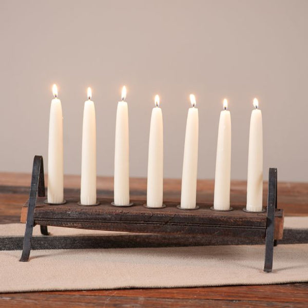 Vintage Wood Block Seven Candle Holder with Iron Legs