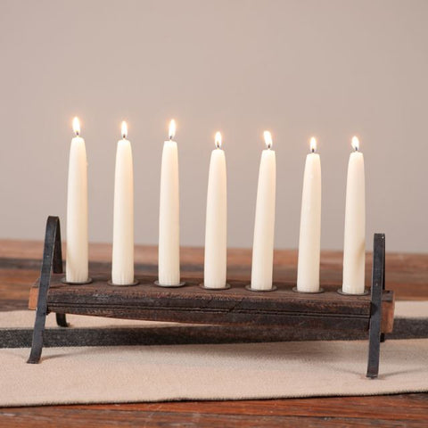 Vintage Wood Block Seven Candle Holder with Iron Legs