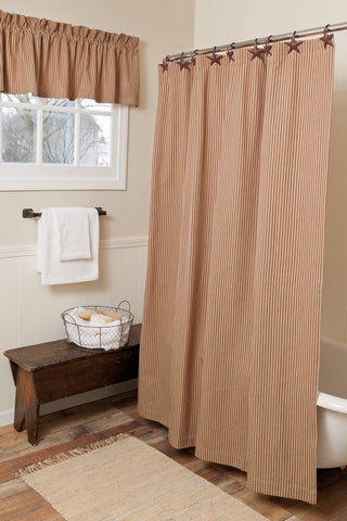 York Ticking Barn Red Shower Curtain and Valance Combo.  See website for discount and free shipping offers. Primitive Country Farmhouse Home Decor.