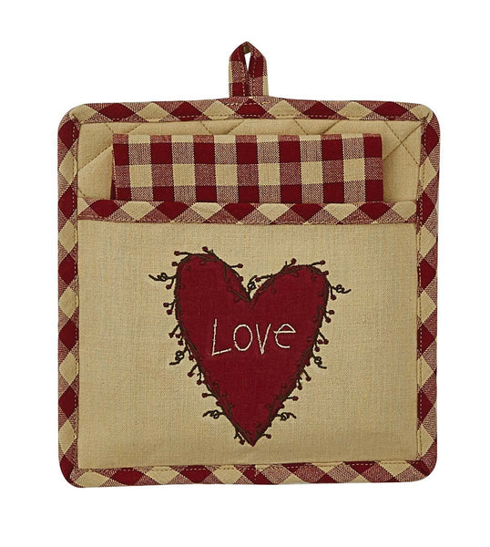 Maintain your seasonal decor with this adorable pocket potholder set. Its simplicity, embroidered imagery, and traditional Valentine hues will allow it to blend with a variety of decor styles. It includes a plaid dishtowel that will get softer and more absorbent with each use.