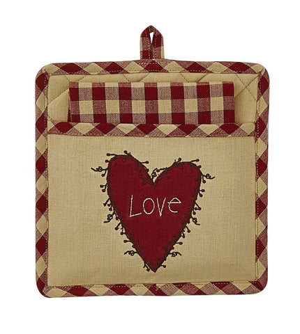 Maintain your seasonal decor with this adorable pocket potholder set. Its simplicity, embroidered imagery, and traditional Valentine hues will allow it to blend with a variety of decor styles. It includes a plaid dishtowel that will get softer and more absorbent with each use.