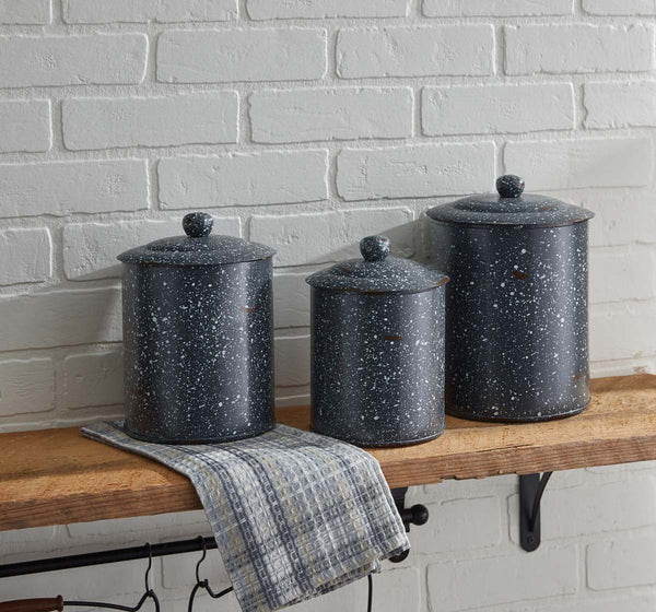 &nbsp; Granite Enamelware Canisters Set - Gray 7.625"H X 5.75"Dia; 8.625"H X 6.5"Dia; 9.625"H X 7.25"Dia. Visit website for FREE s/h & discount offers. Primitive Country Farmhouse Home Decor.