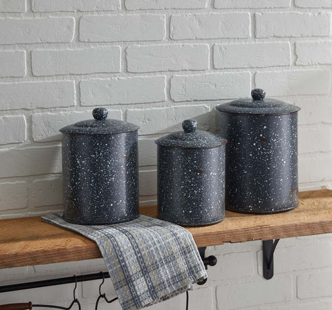 &nbsp; Granite Enamelware Canisters Set - Gray 7.625"H X 5.75"Dia; 8.625"H X 6.5"Dia; 9.625"H X 7.25"Dia. Visit website for FREE s/h & discount offers. Primitive Country Farmhouse Home Decor.