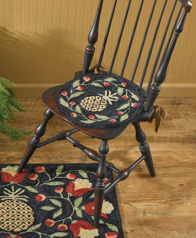Pineapple Hooked Chair Pad by Teresa Kogut, rich colors are combined with the welcoming pineapple motif to create a stunning design. 14.5"Diameter Primitive Farmhouse Country Decor. See website for free s/h and discount offers.
