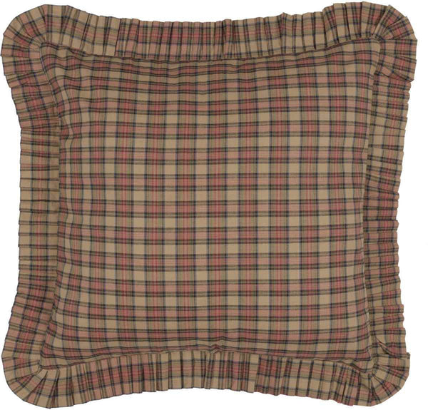 Crosswoods Fabric Euro Sham 26x26, Tan-based plaid fabric with accents of blue, green, and red with ruffle border. Primitive Country Farmhouse Bedding Home Decor.