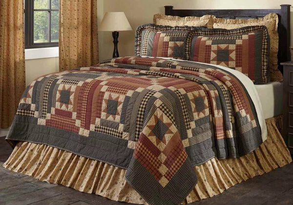 Maisie Queen Quilt 94Wx94L, Courthouse step blocks create alternating black and burgundy lines diagonally across the quilt, each block has an 8-point star in the center. Primitive Country Farmhouse Bedding Home Decor.