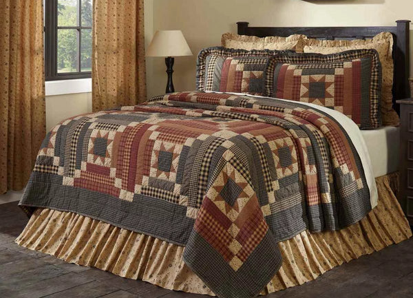 Maisie King Quilt 110Wx97L, Courthouse step blocks create alternating black and burgundy lines diagonally across the quilt, each block has an 8-point star in the center. Primitive Country Farmhouse Bedding Home Decor.