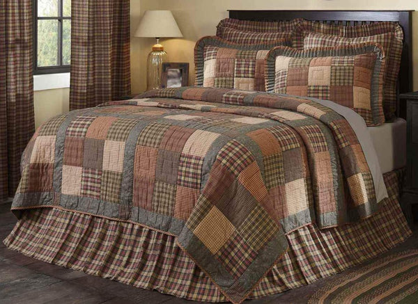 Crosswoods Queen Quilt, Ninepatch blocks accented with sashing in dark olive green floral ditsy print fabric. Primitive Country Farmhouse Bedding Home Decor.