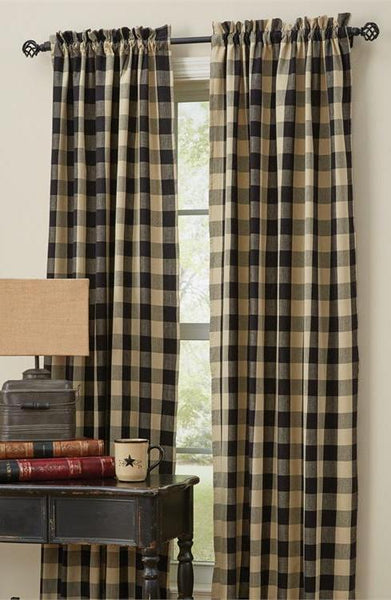 Wicklow Lined Panels - 84"L - Black Tan Primitive Country Farmhouse Window Treatments Curtains Home Decor