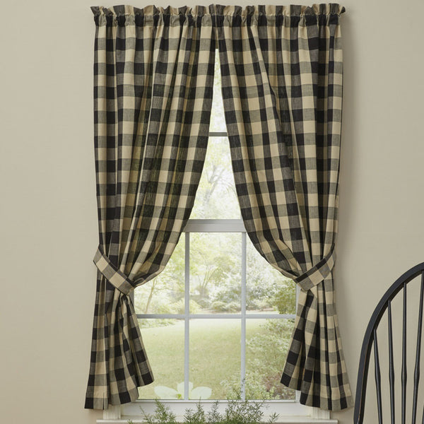 The Wicklow Black Panels offer a sweet, uncomplicated look! These lined panels come with fabric tiebacks for a little versatility in style! Measures approx. 72" x 63" Made of 100% cotton fabric. Visit website for FREE s/h & discount offers. Primitive Country Farmhouse Window Treatments Curtains.