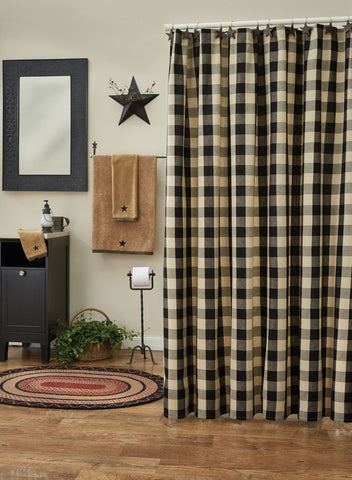 Wicklow Check Shower Curtain - Black features black and tan large buffalo checks. The black and tan blends beautifully to provide a classic farmhouse look to your bathroom. Visit website for FREE s/h & discount offers. Primitive Country Farmhouse Bath Bathroom Home Decor.