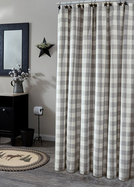 Wicklow Dove Shower Curtain The dove gray and candle light white large check blends beautifully to provide a classic farmhouse look to your bathroom. Measures approx. 72"L x 72"W. Made of 100% cotton fabric Visit website for FREE s/h & discount offers. Primitive Country Farmhouse Bath Bathroom Home Decor.